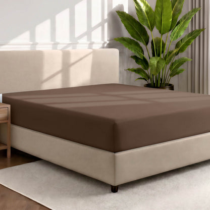 Bed with a fitted sheet in a room with a large plant and rug