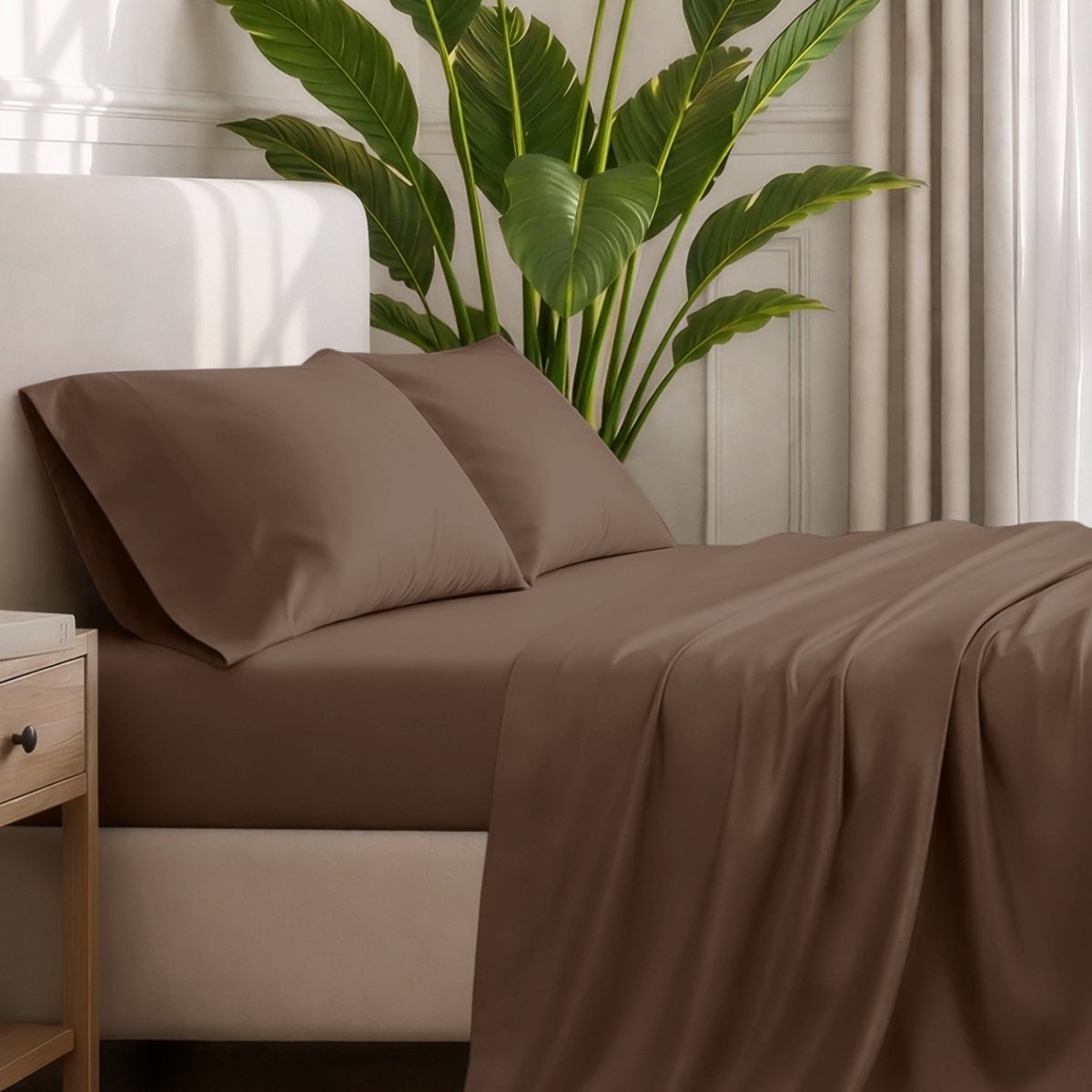 Ultra-soft sheets and pillowcases on a bed with a plant in the background