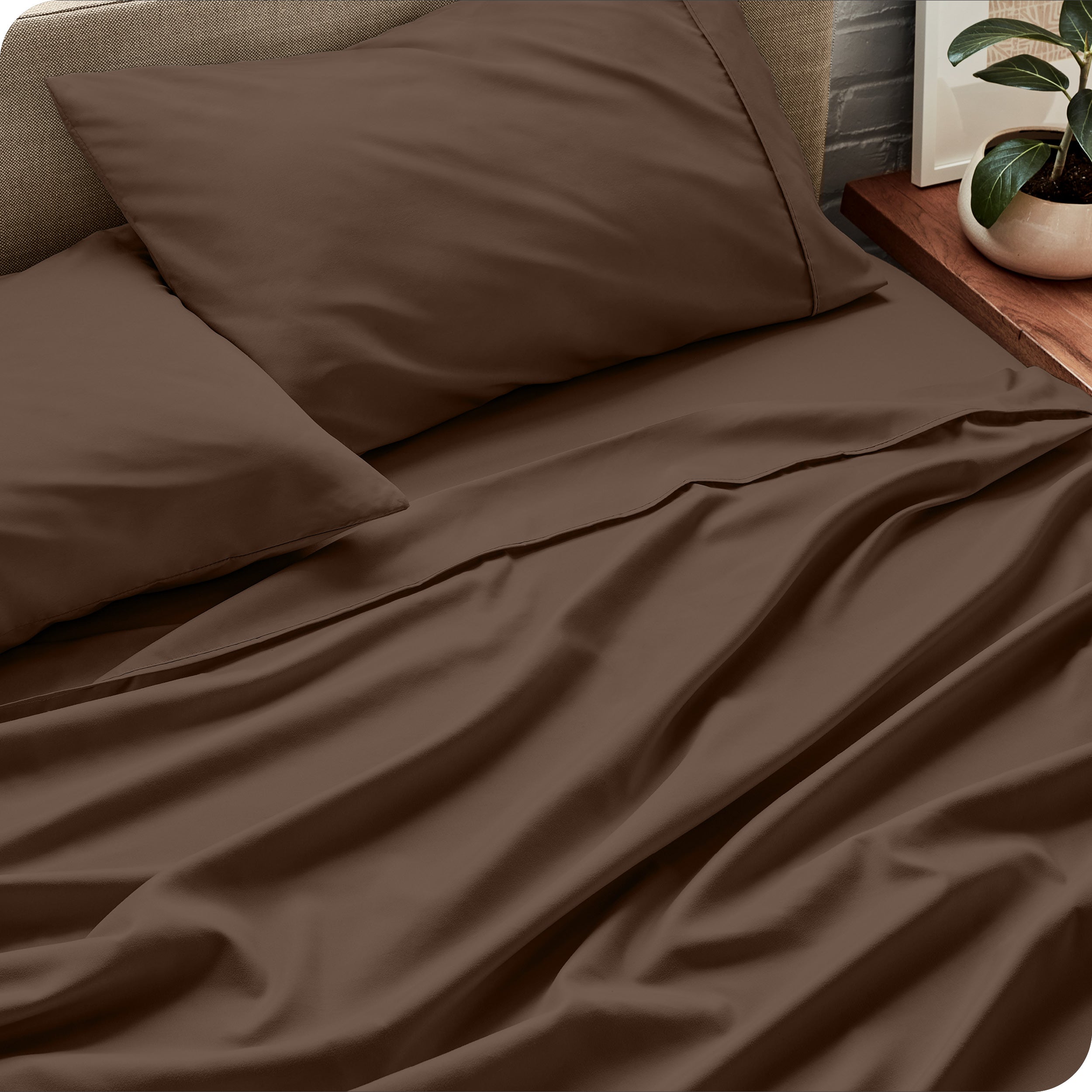 Sheet set on a bed with pillows and a plant in the background