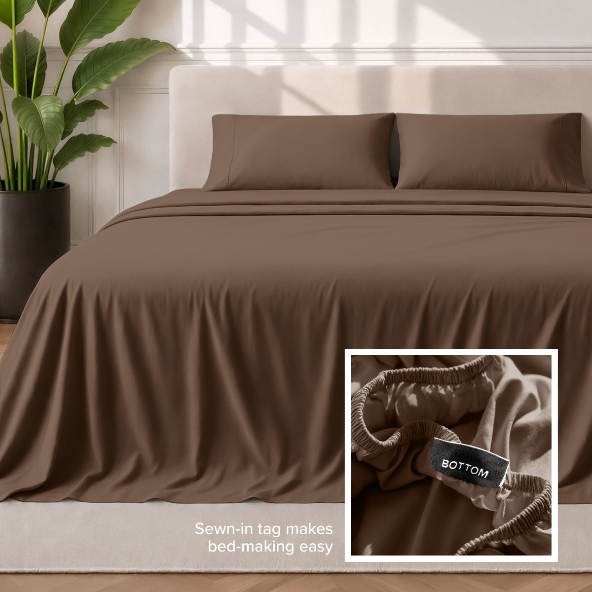 Sewn-in tag makes bed-making easy