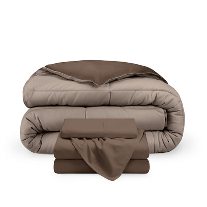 A reversible microfiber comforter and a coordinating sheet set folded and stacked