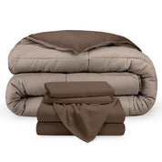A reversible microfiber comforter and a coordinating sheet set folded and stacked