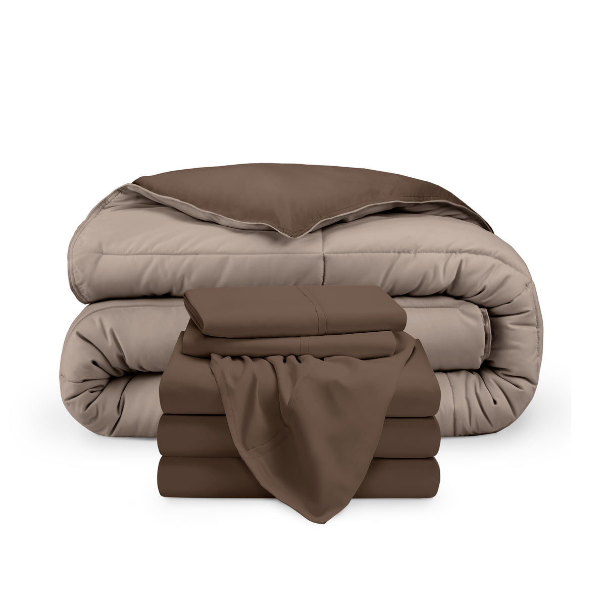 A reversible microfiber comforter and a coordinating sheet set folded and stacked