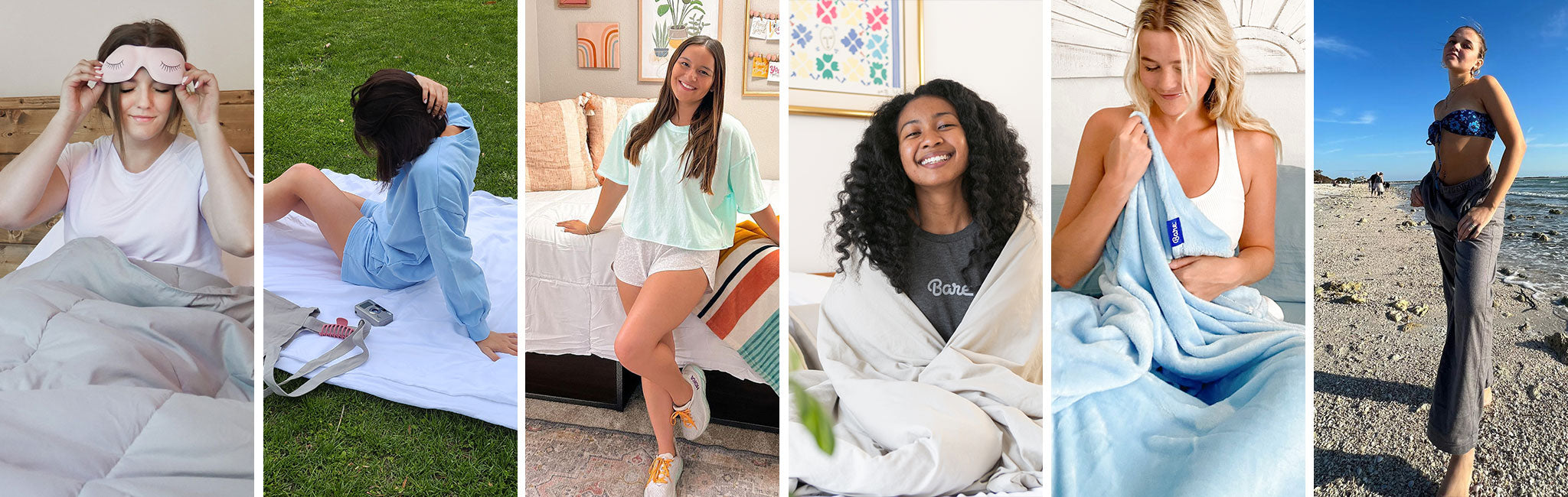 Collage of people using a cooling blanket in various settings