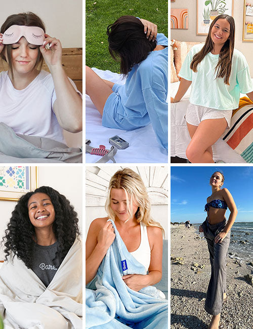 Collage of a woman using various products including a sleep mask, towel, and swimsuit on different settings.