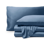 Bamboo pillowcases and sheets set on a white background