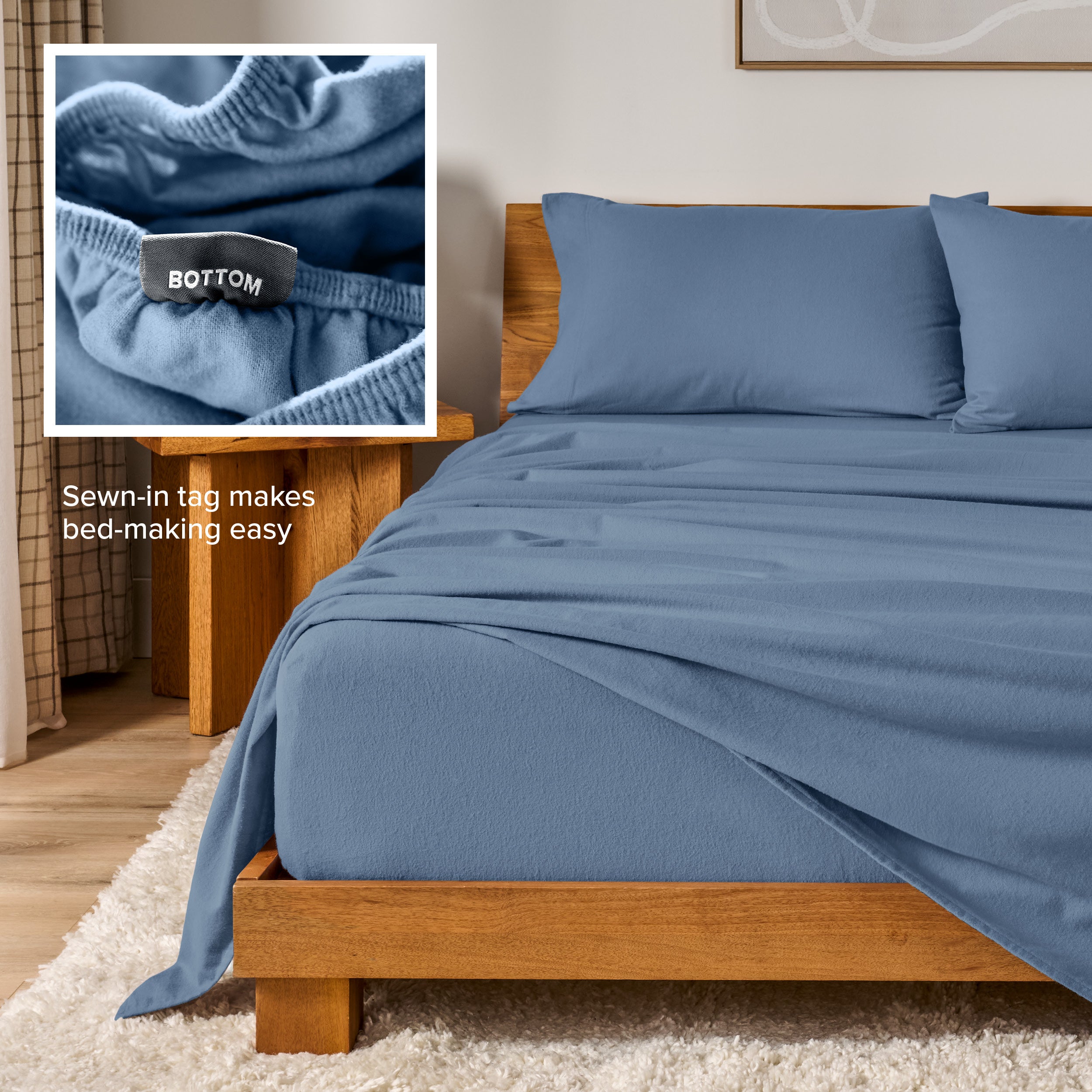 Flannel sheets on a with an inset of a sewn-in tag reading BOTTOM
