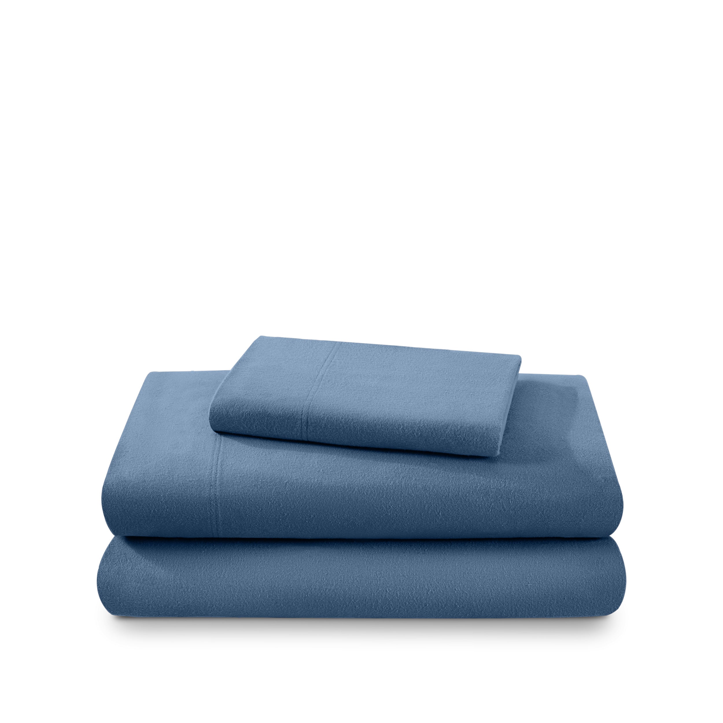 Cotton flannel sheet set folded and stacked on a white background
