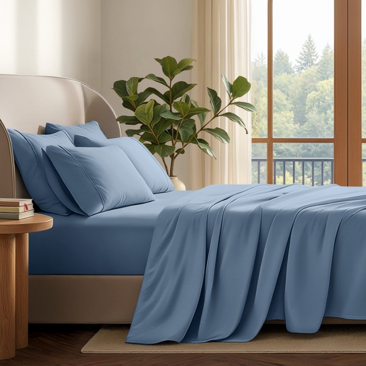 A neatly made bed with in a softly lit bedroom. A large green plant stands beside the bed, and a window with curtains is visible in the background.
