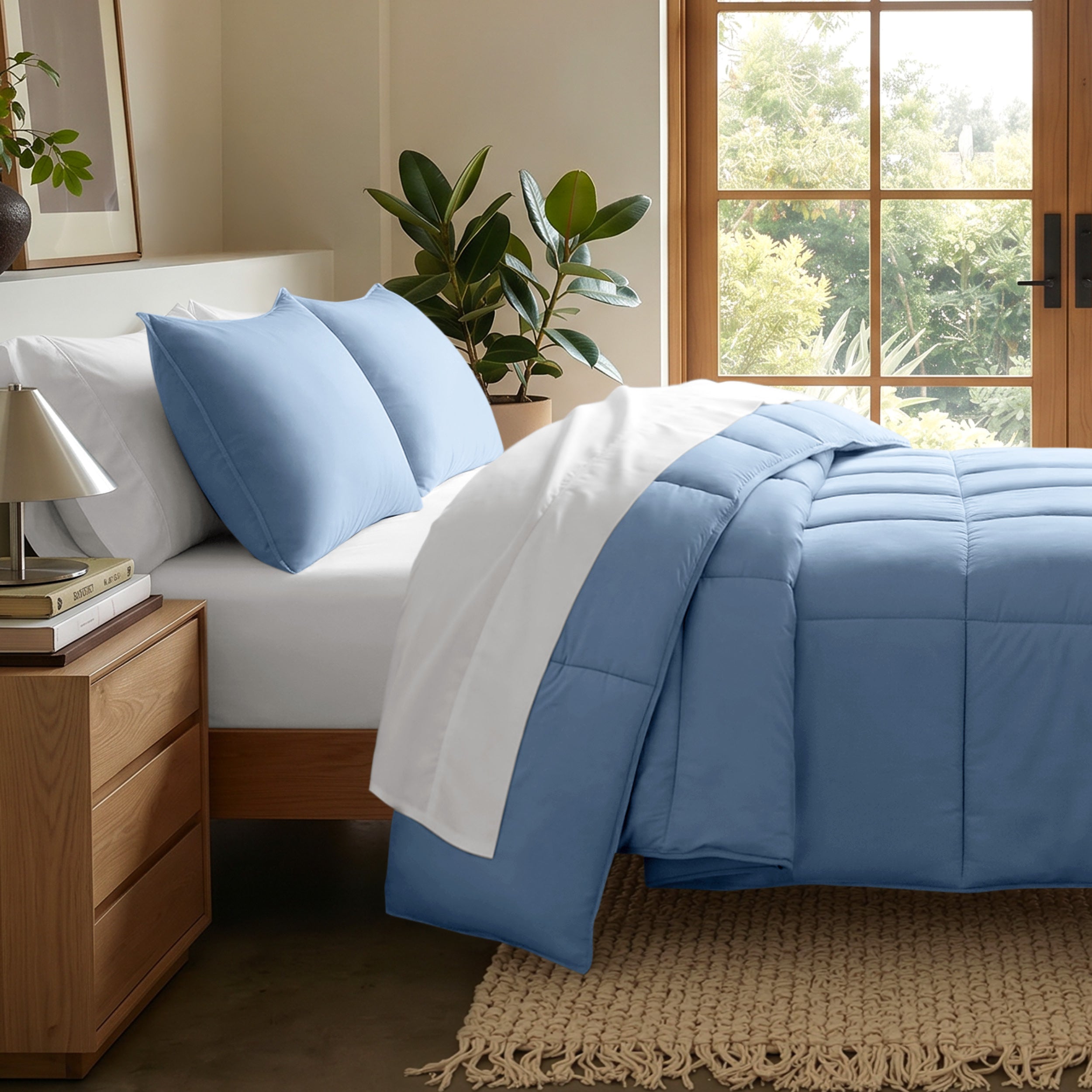 Comforter on a bed in a bedroom setting with a wooden nightstand and decorative items.