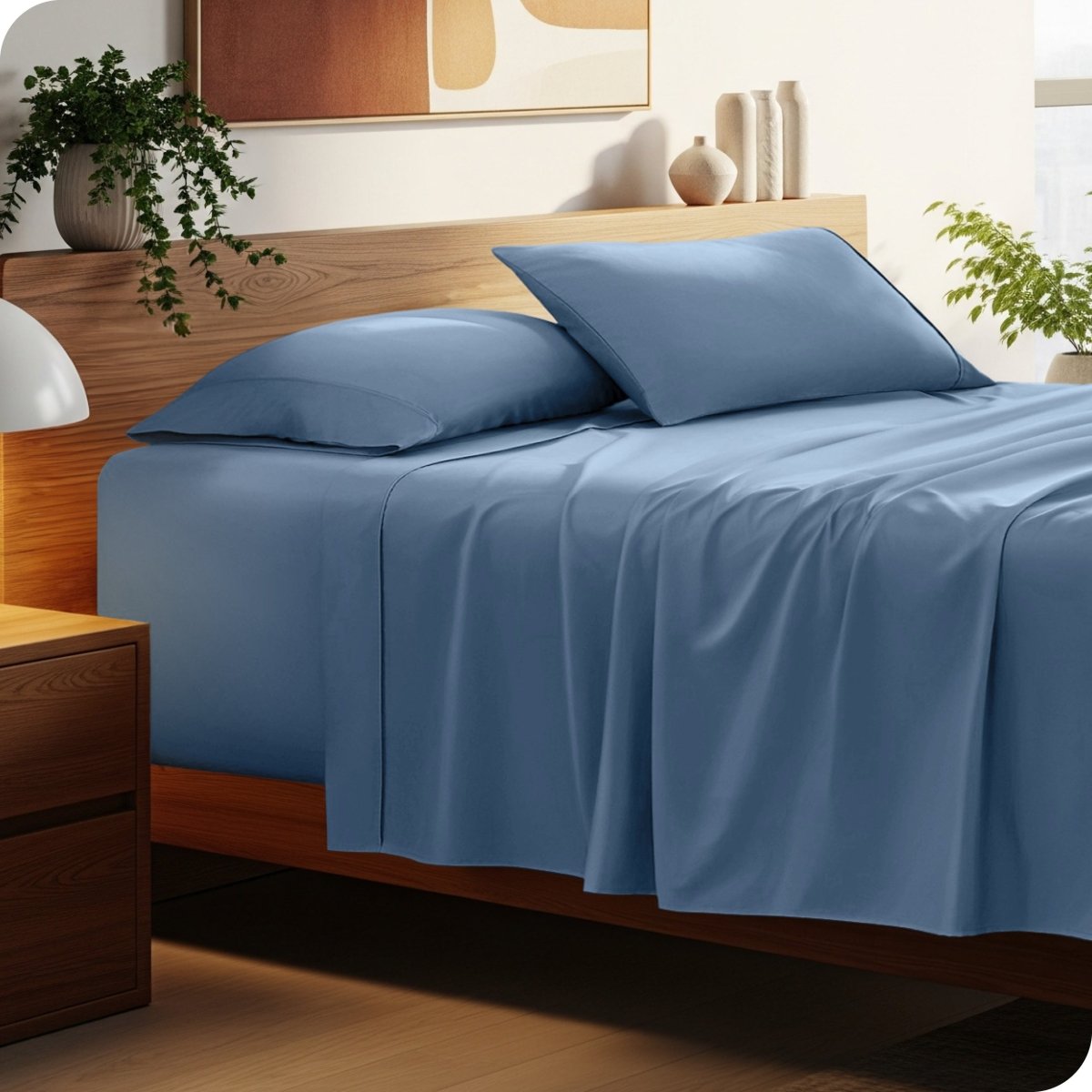 Bed with microfiber bedding and wooden headboard in a bedroom setting