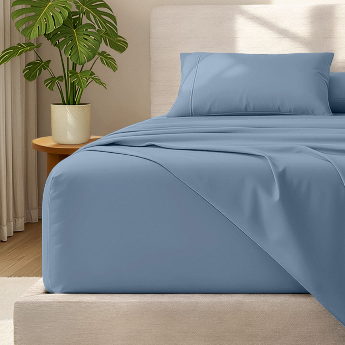 Bed with microfiber bedding and wooden headboard in a bedroom setting