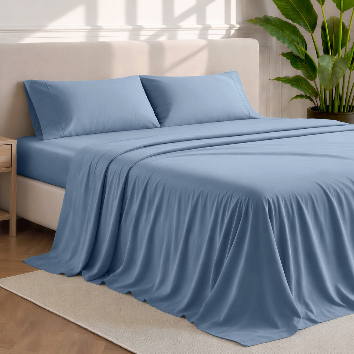 Microfiber sheets and pillowcases in a bedroom stetting