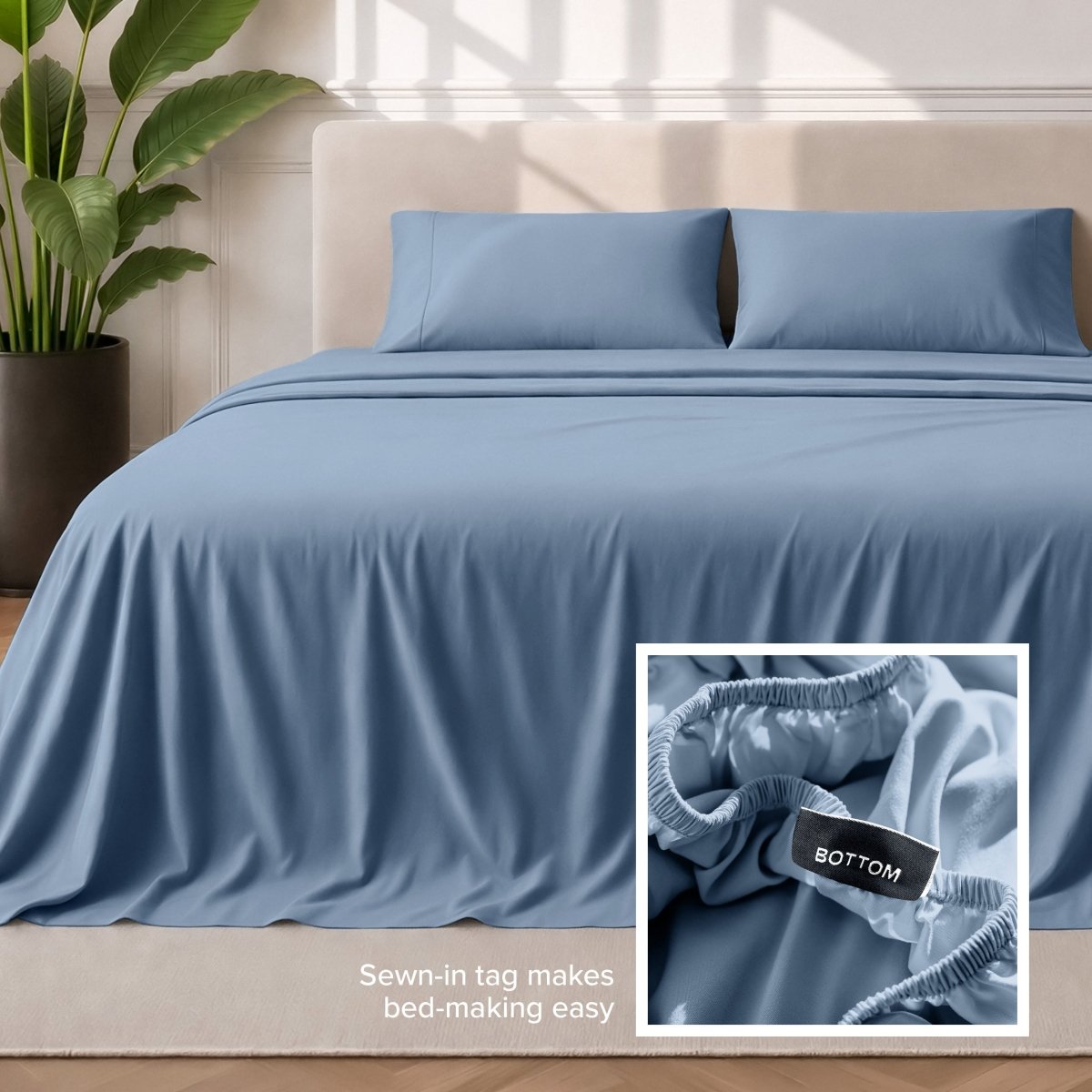 Sewn-in tag makes bed-making easy