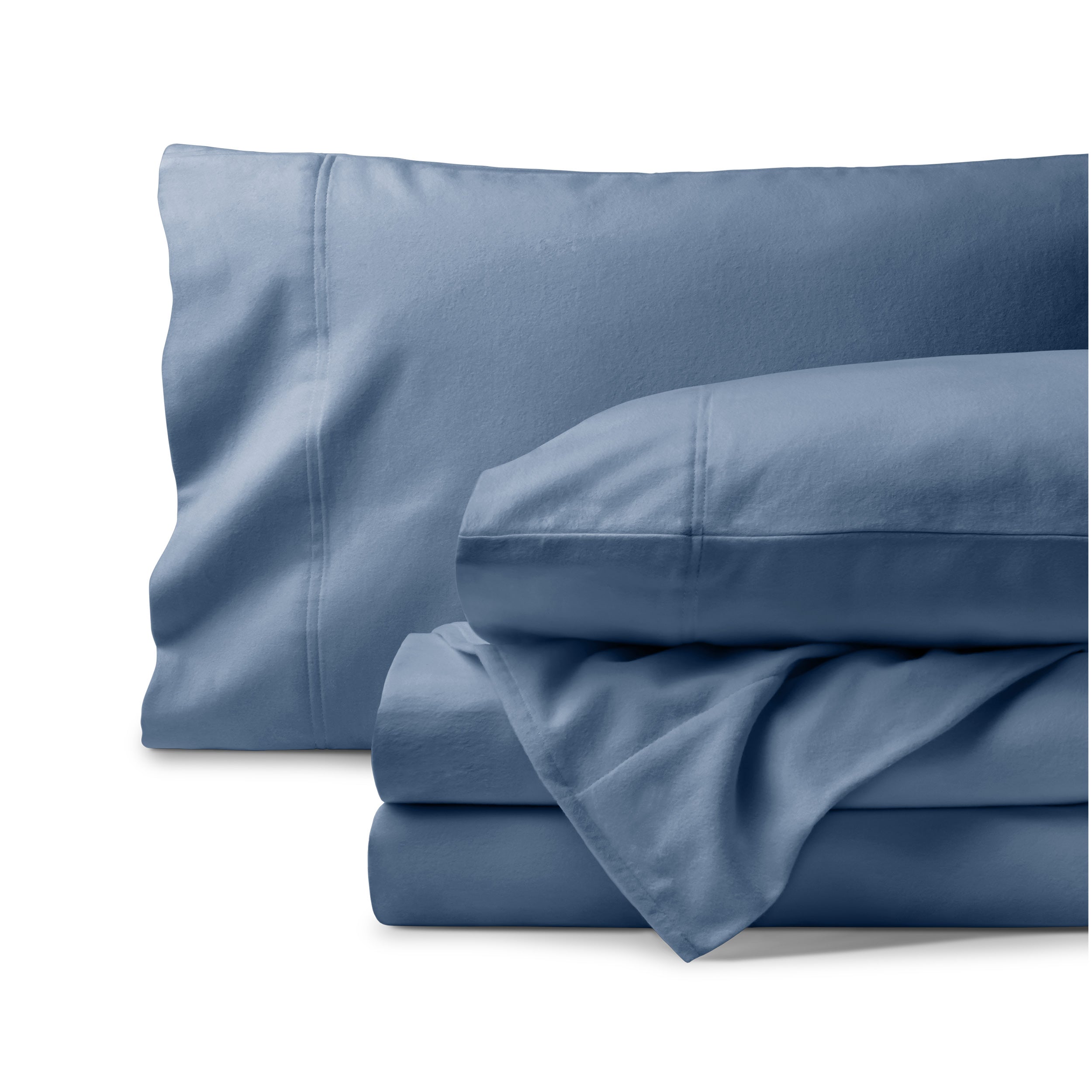 Organic flannel bed sheets and pillowcase set on a white background