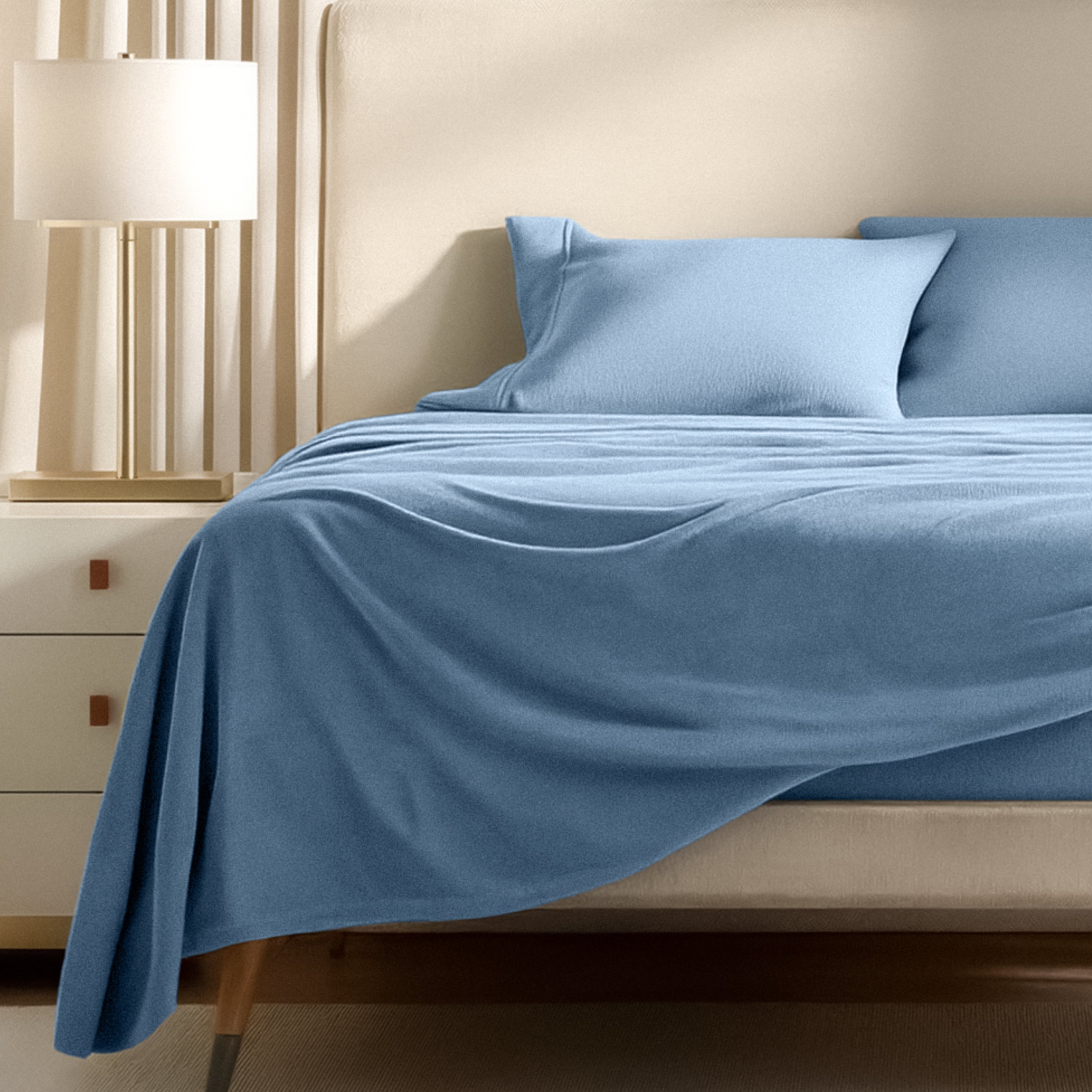 Polar fleece sheets on a bed
