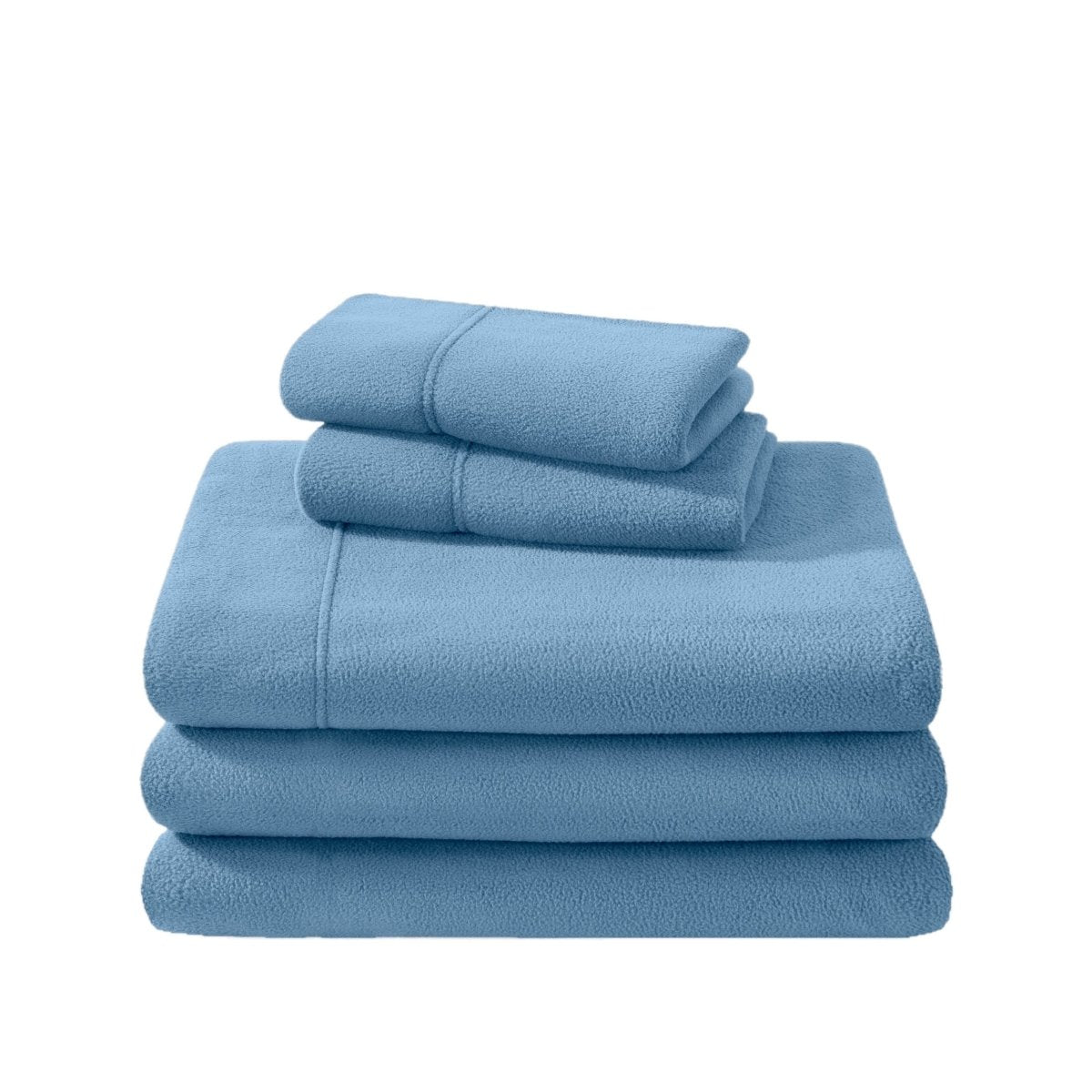 Polar fleece sheets and pillowcases folded and stacked on a white background