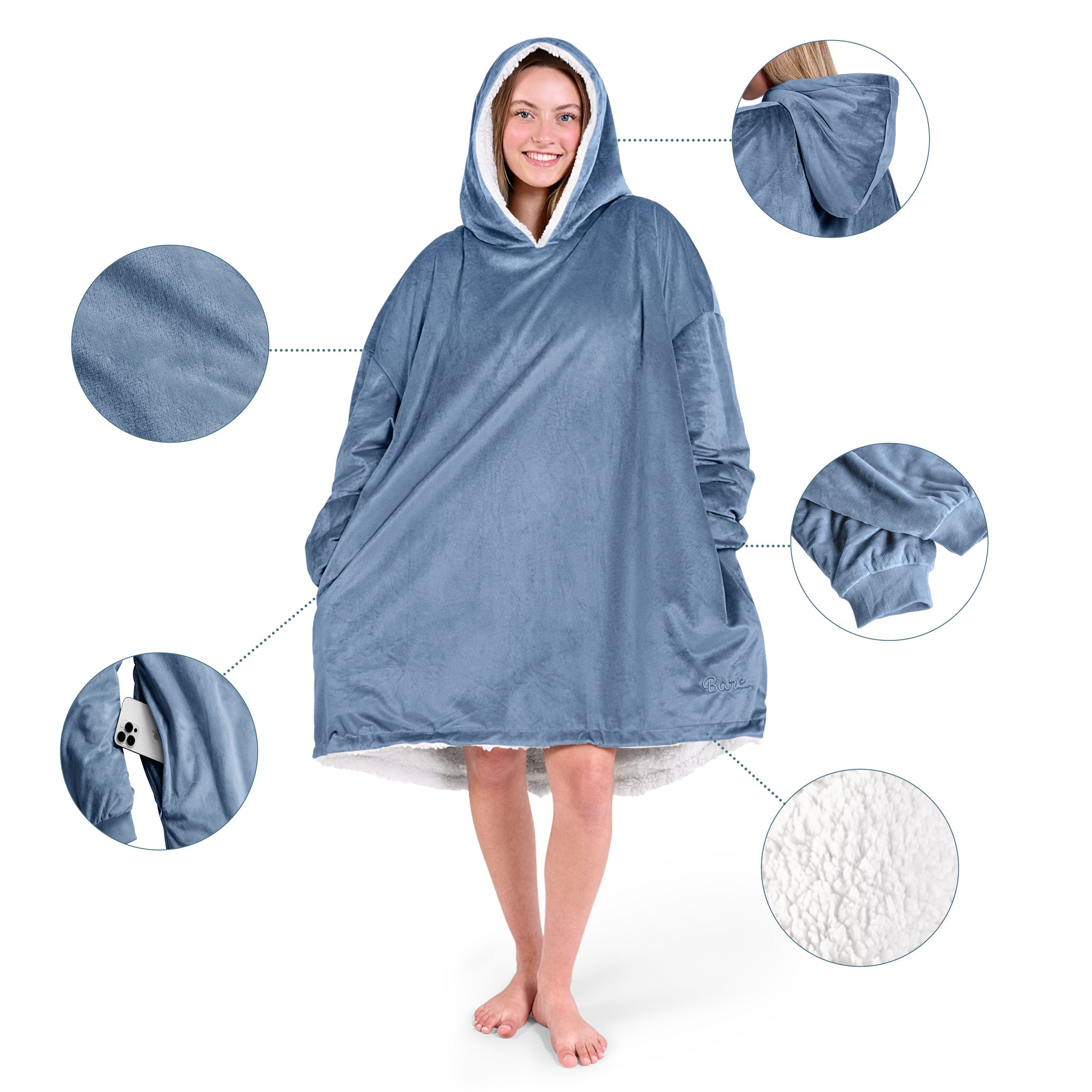 Close up of the features on a wearable blanket