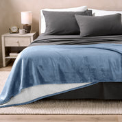 Bed with grey sheets and a sherpa blanket