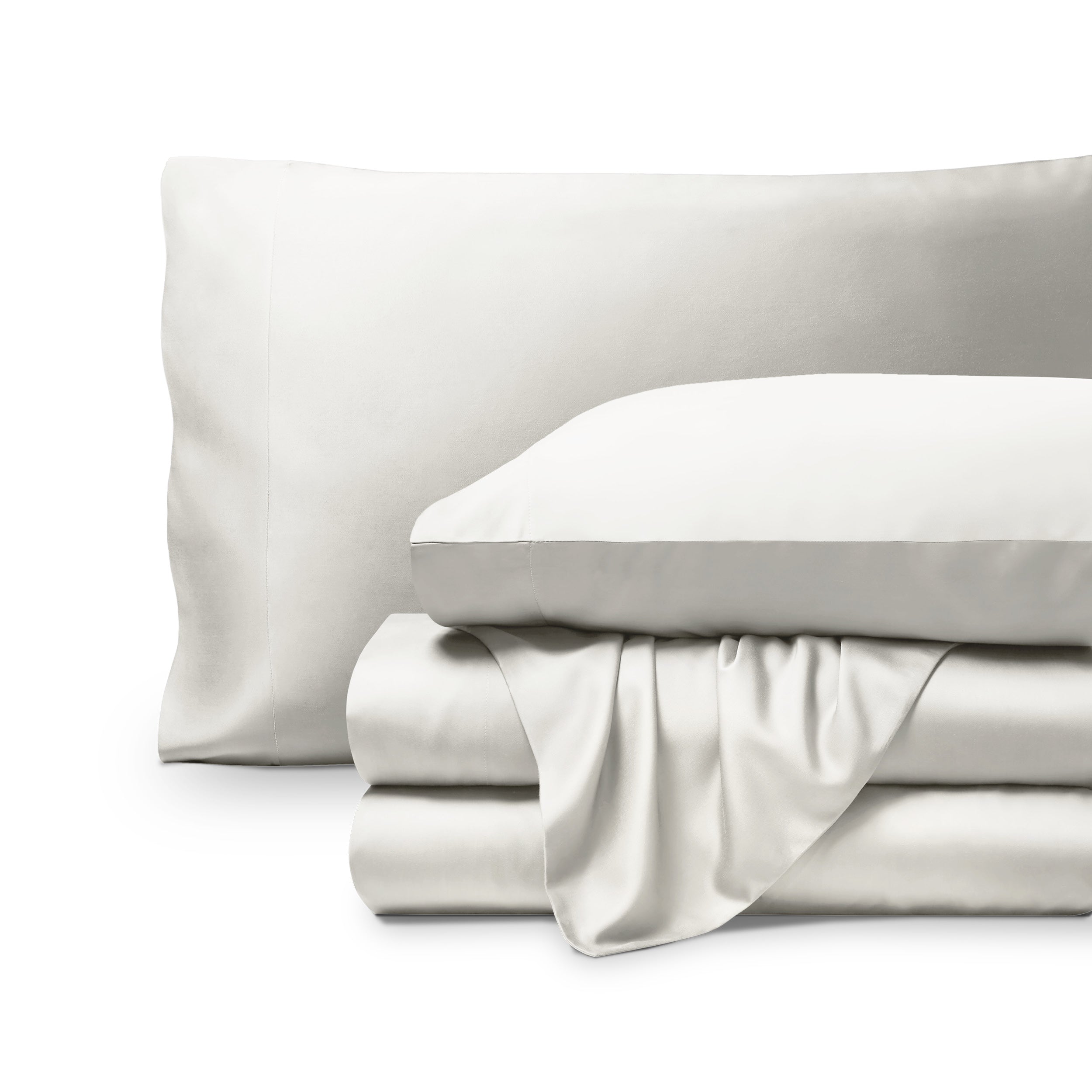 Bamboo pillowcases and sheets set on a white background
