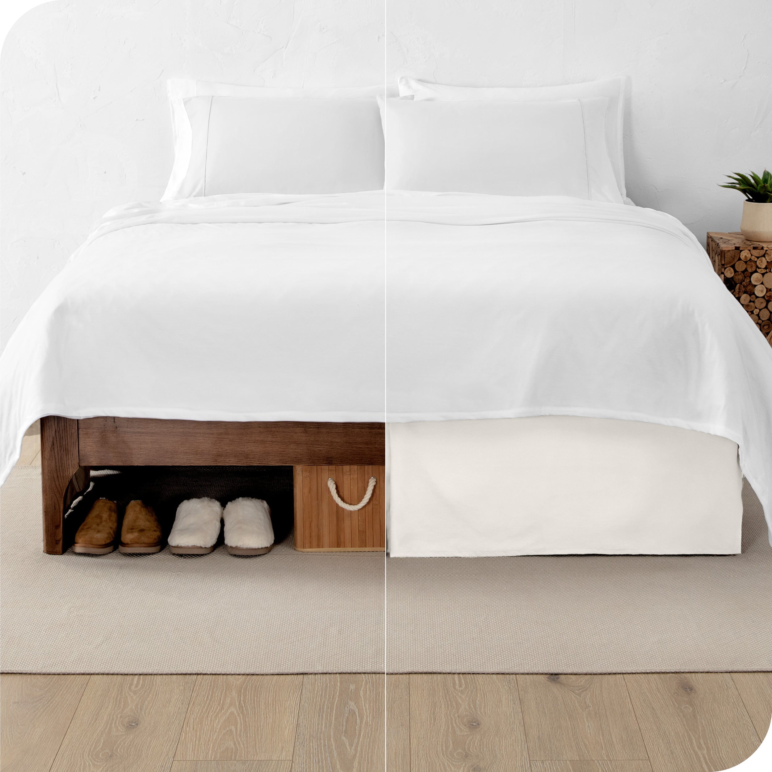 A split image showing a bed without a bed skirt on the left and with a bed skirt on the right.