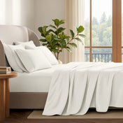 A neatly made bed with in a softly lit bedroom. A large green plant stands beside the bed, and a window with curtains is visible in the background.