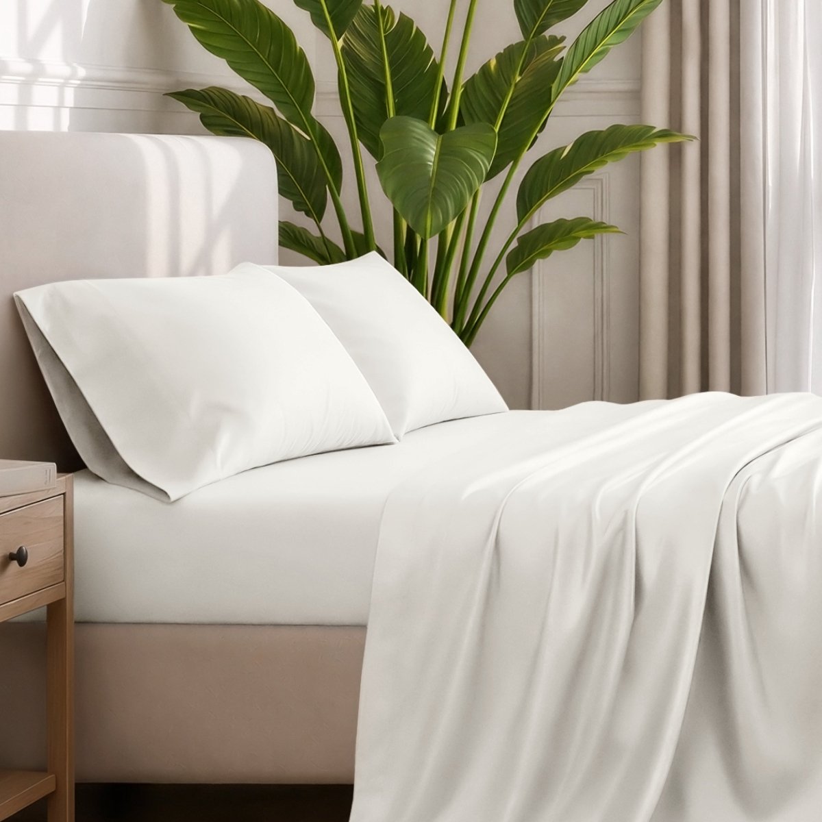 Ultra-soft sheets and pillowcases on a bed with a plant in the background