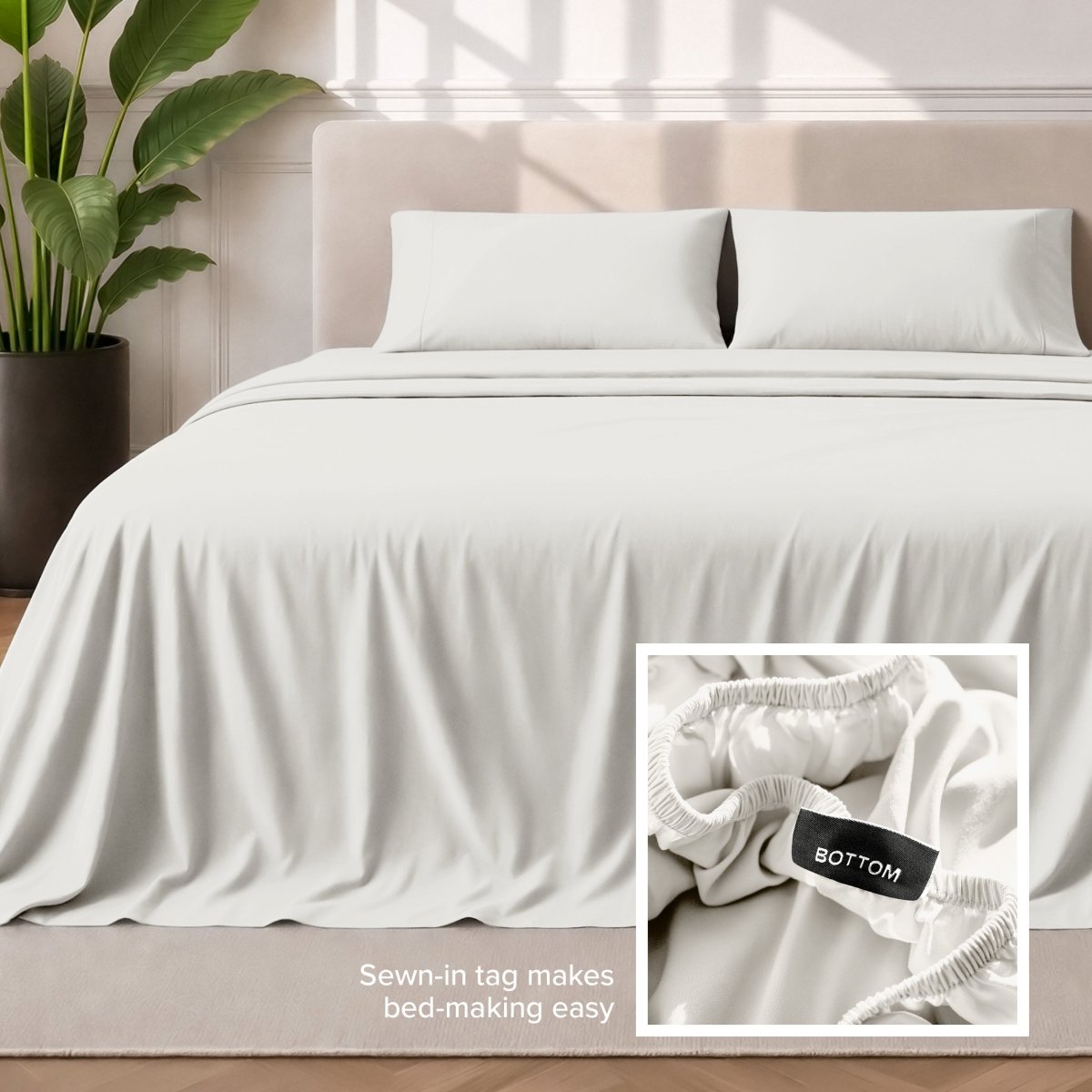 Sewn-in tag makes bed-making easy