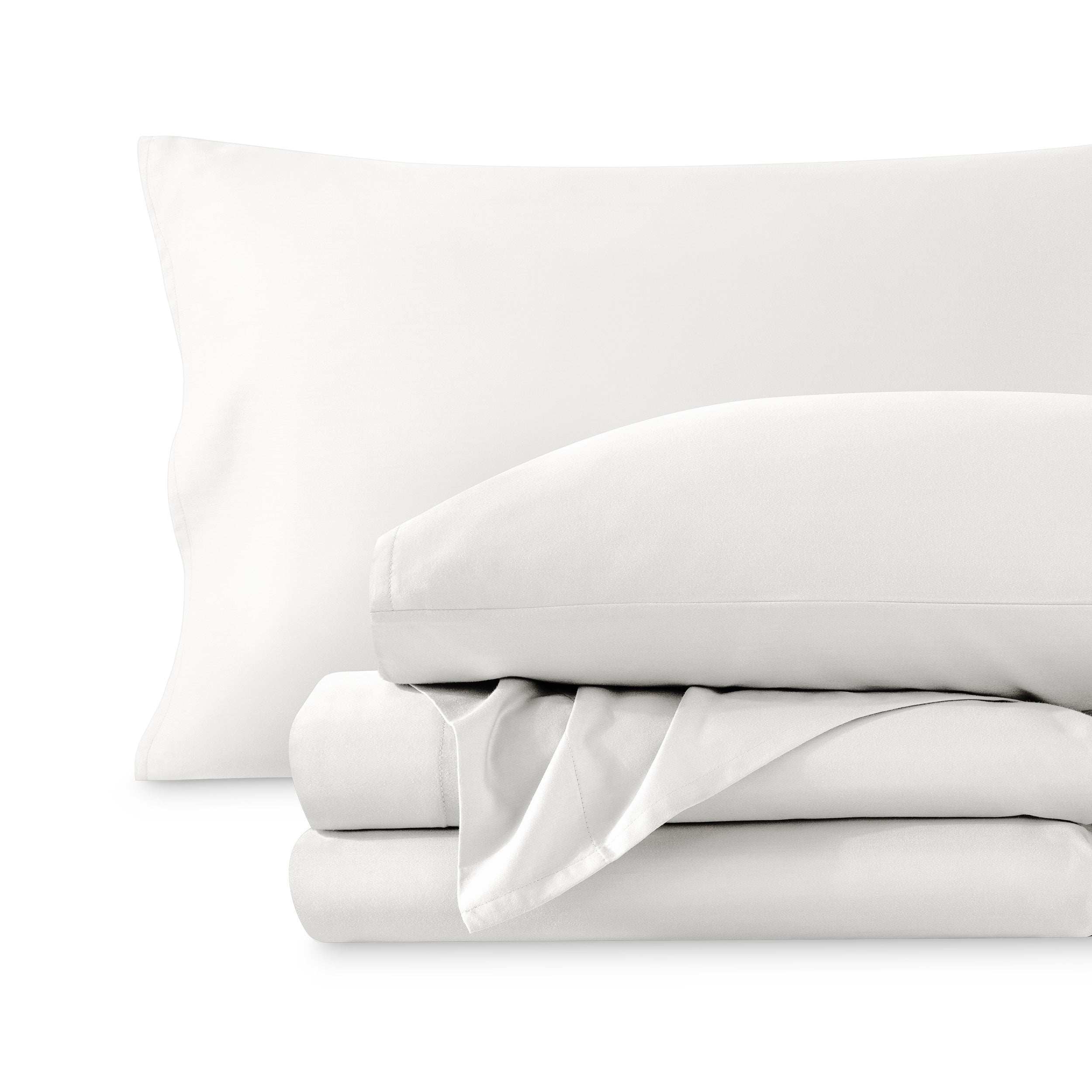A sateen sheet set folded and stacked on a white background.