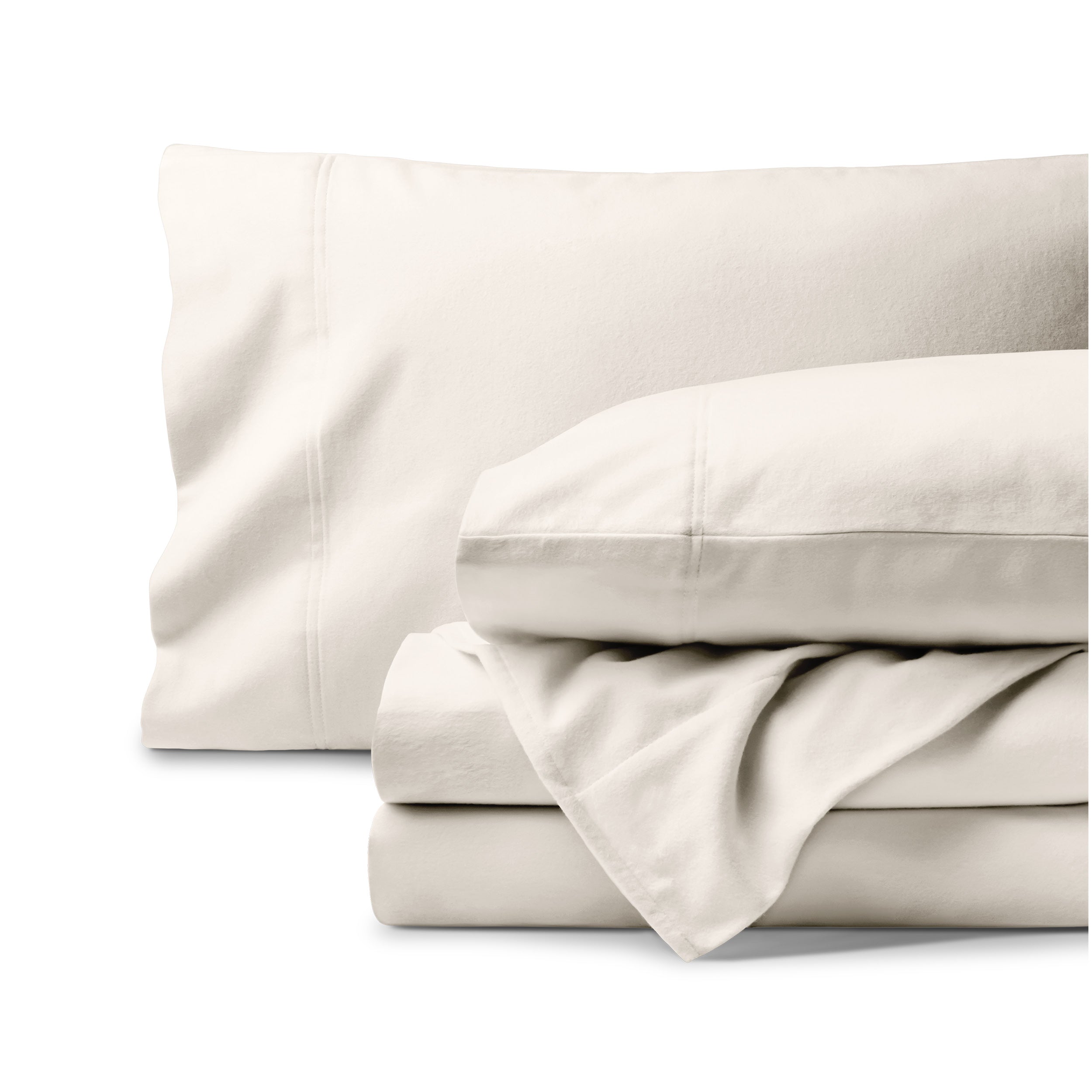 Organic flannel bed sheets and pillowcase set on a white background