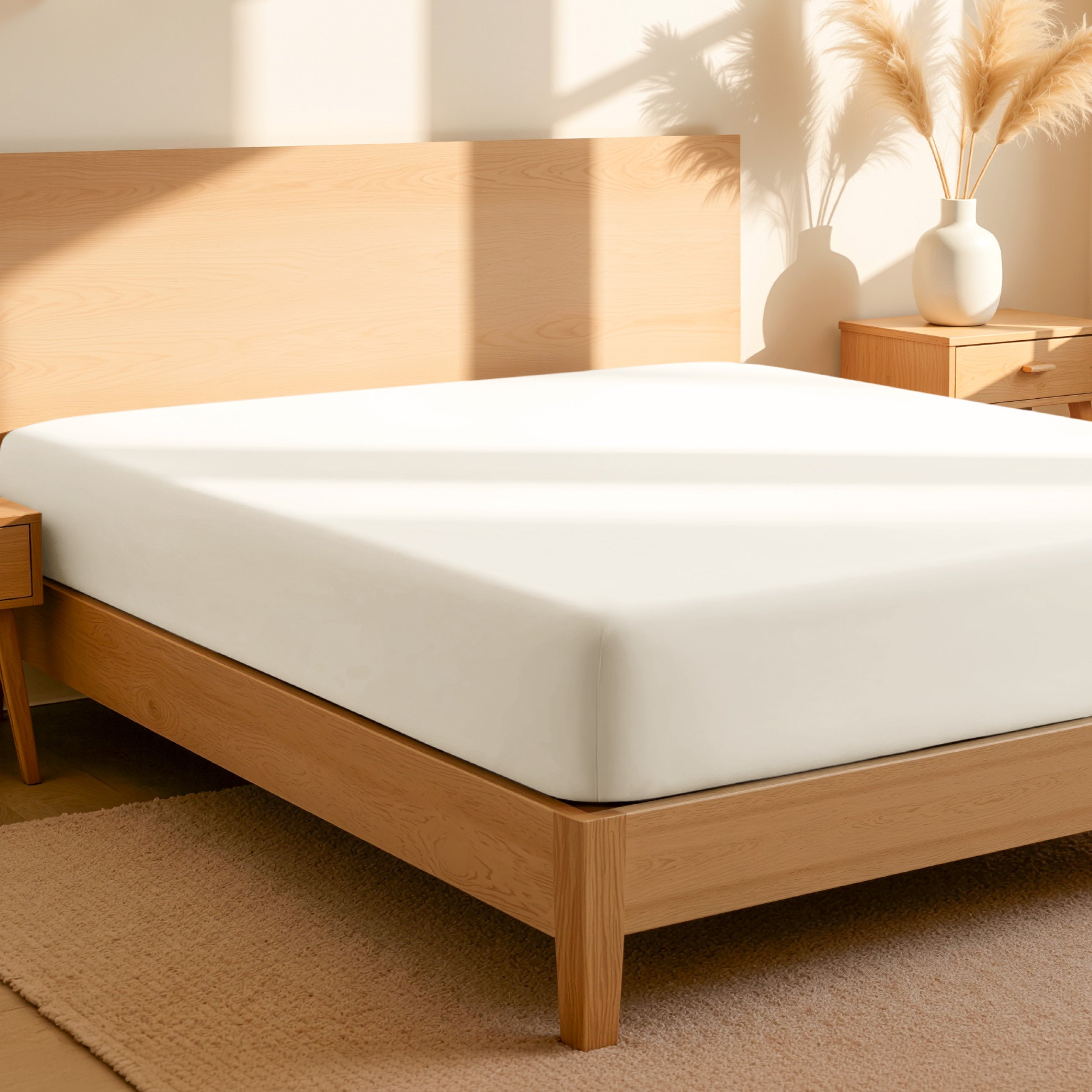 Fitted sheet on a bed in a bedroom setting with a lamp and plant.