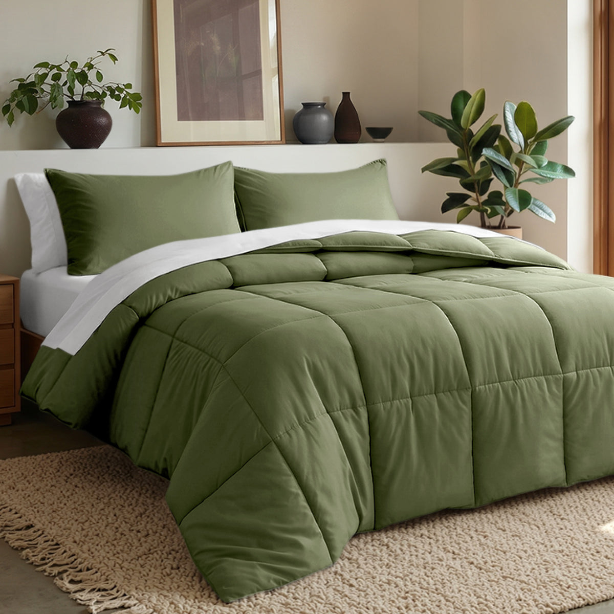 Comforter set on a bed in a bedroom with plants and decor.