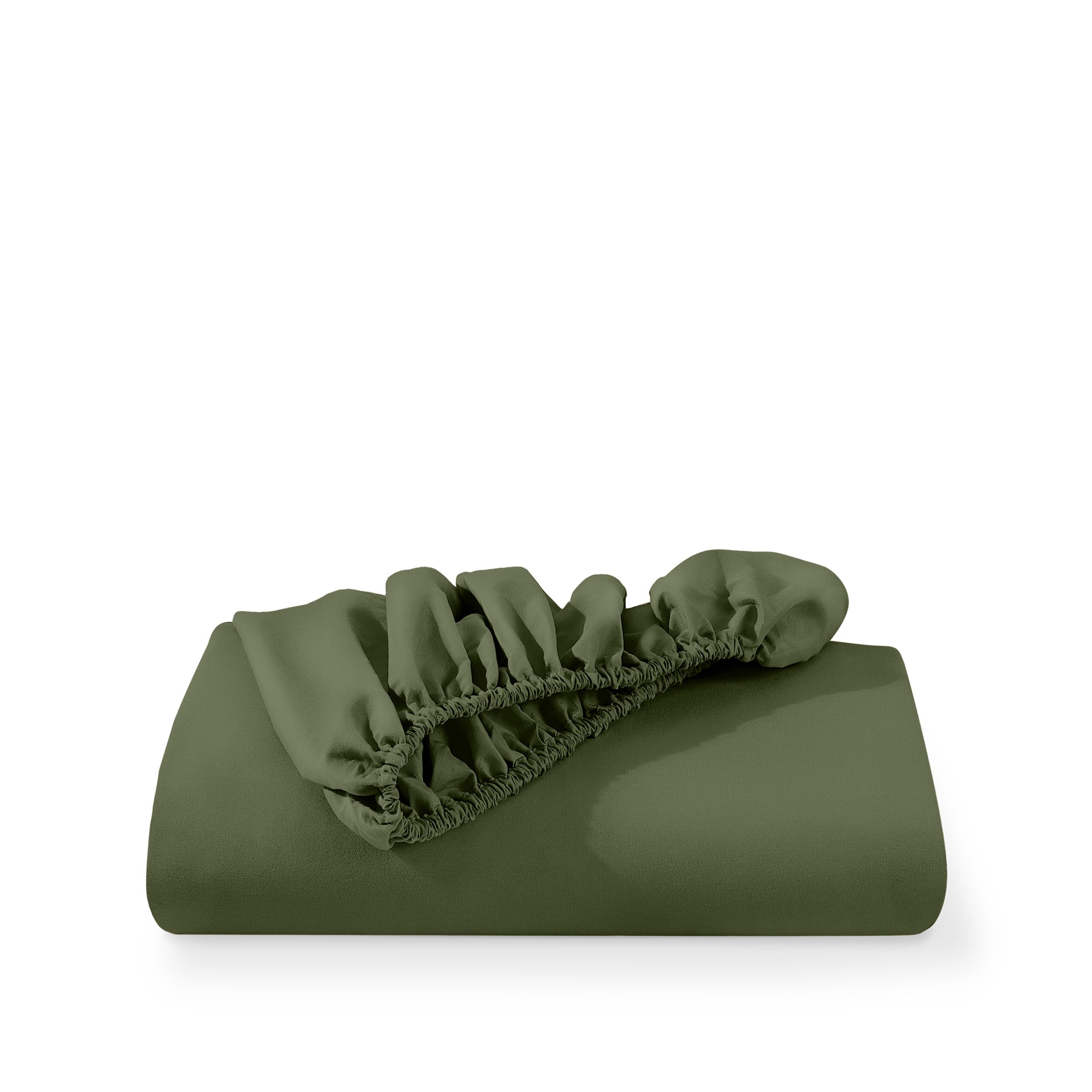 A deep pocket fitted sheet folded on a white background