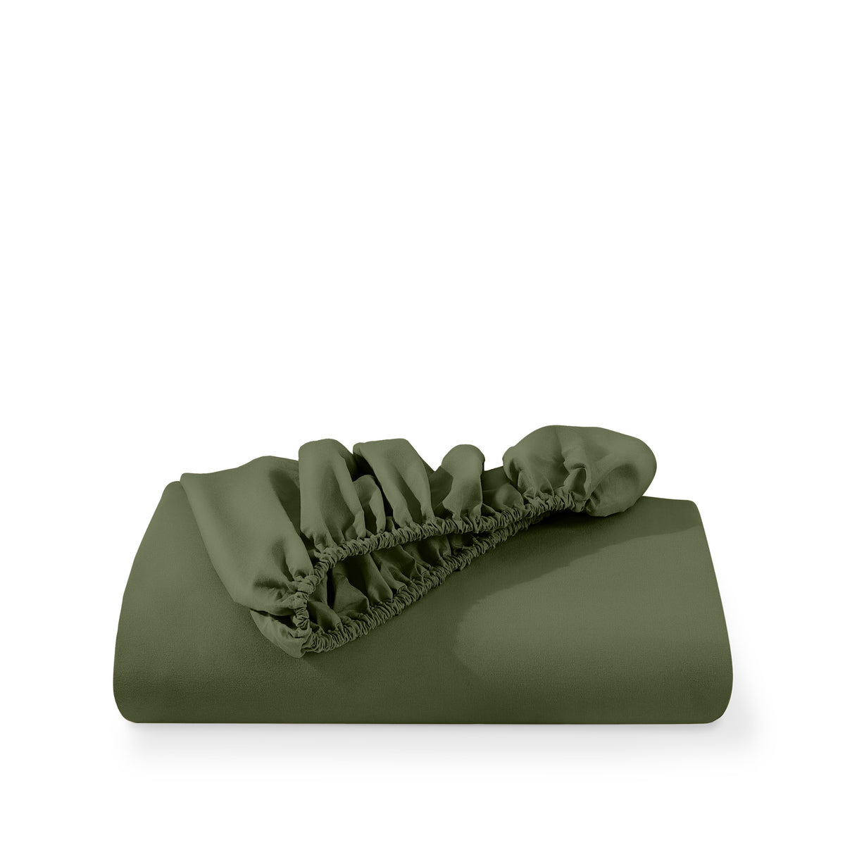A deep pocket fitted sheet folded on a white background