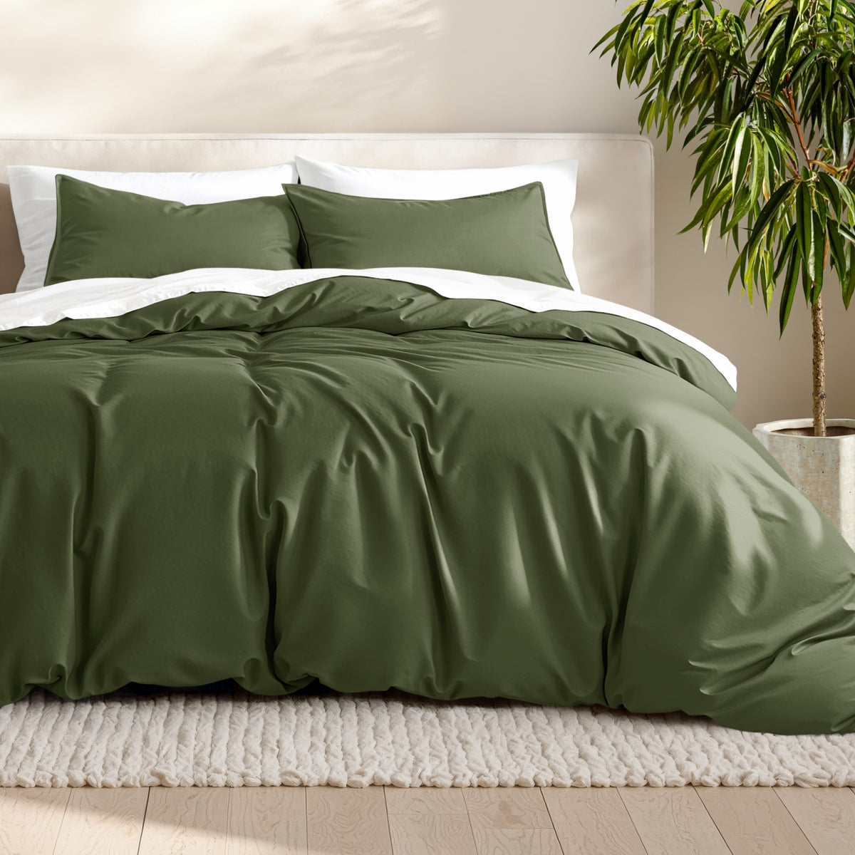 Microfiber bedding set on a bed with a neutral background