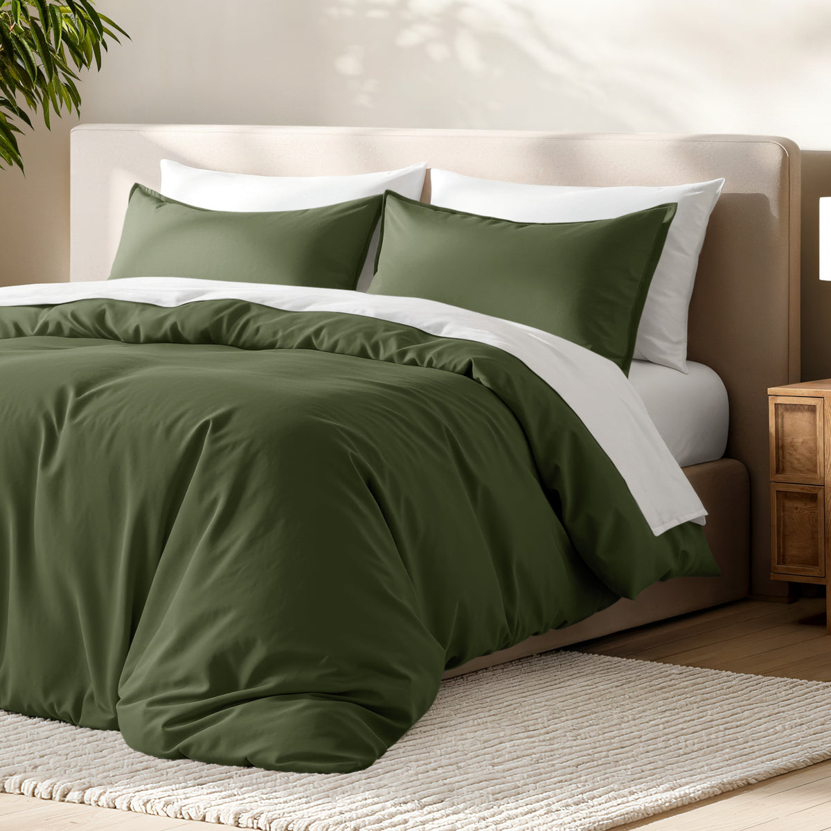 Bed with microfiber duvet cover and sham set in a bedroom setting.