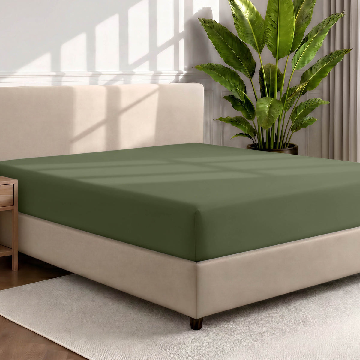 Bed with a fitted sheet in a room with a large plant and rug