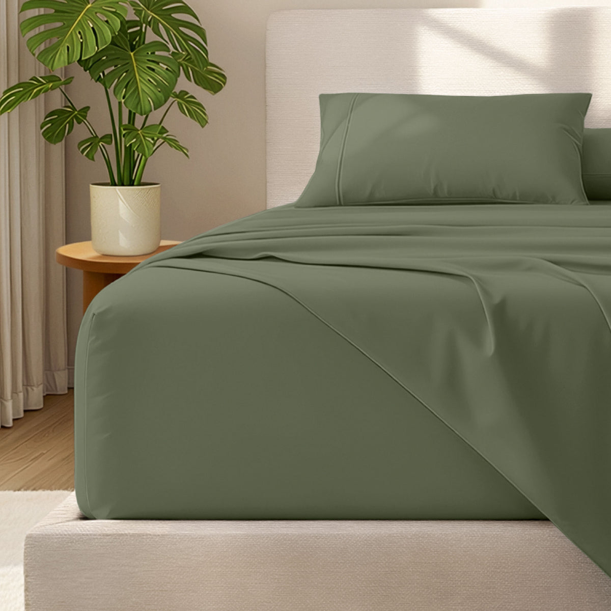 Bed with microfiber bedding and wooden headboard in a bedroom setting