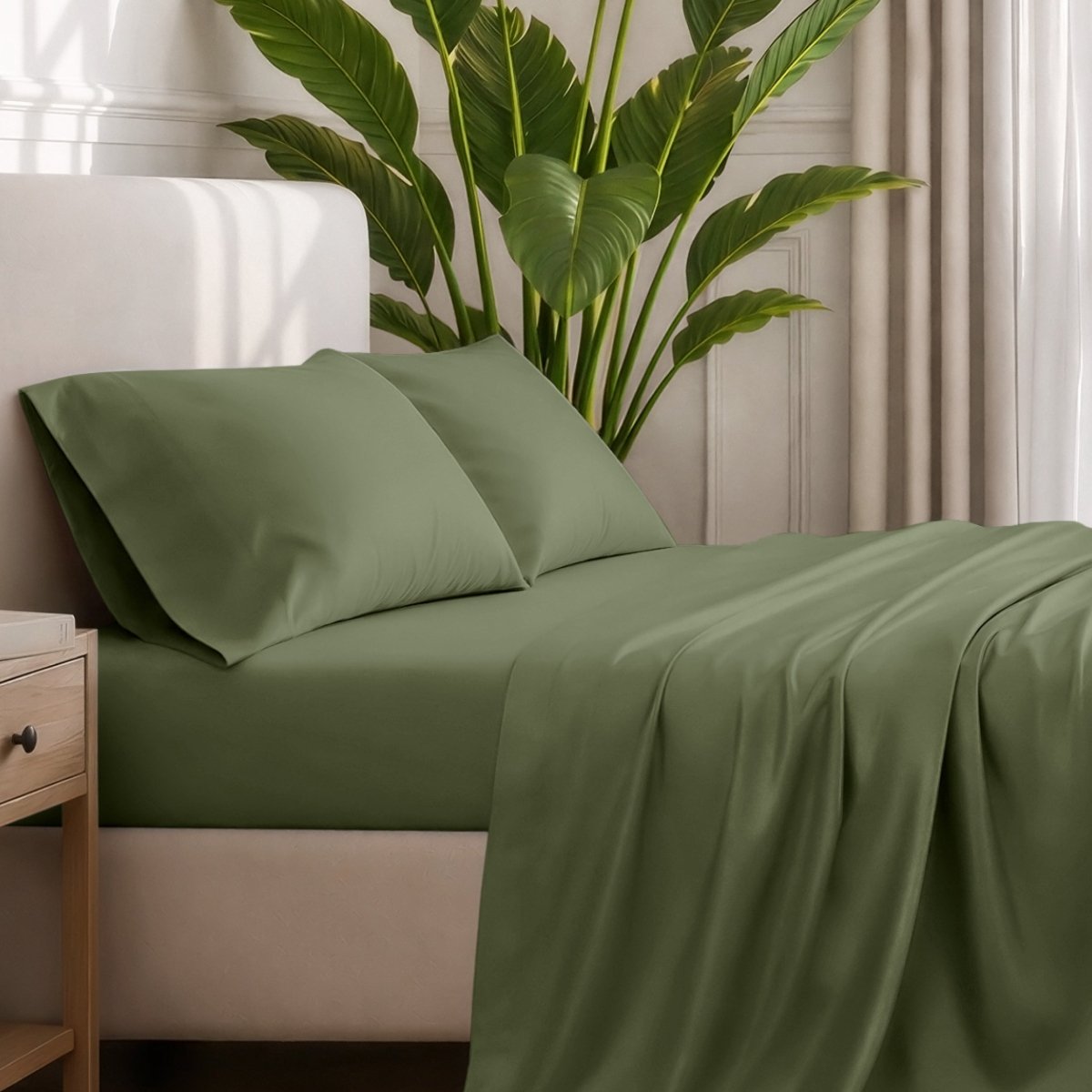 Ultra-soft sheets and pillowcases on a bed with a plant in the background
