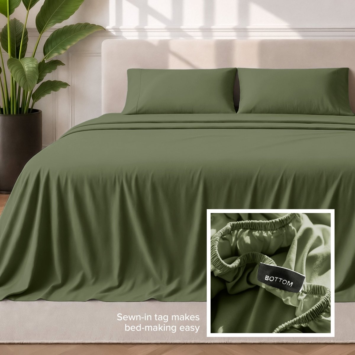 Sewn-in tag makes bed-making easy