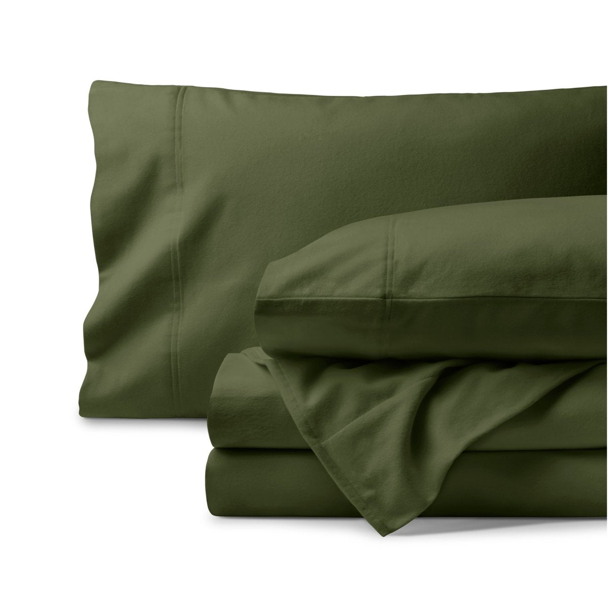 Organic flannel bed sheets and pillowcase set on a white background