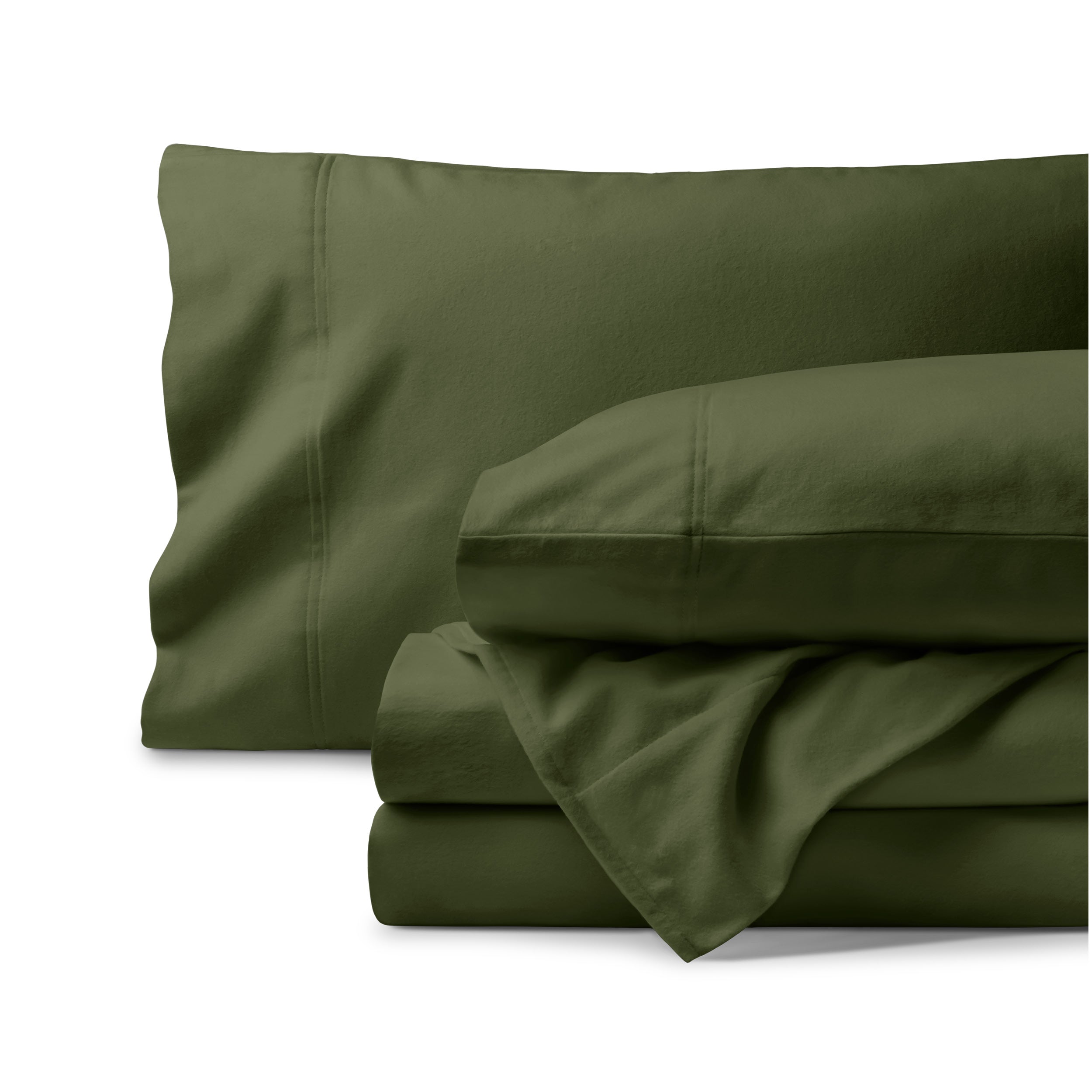 Organic flannel bed sheets and pillowcase set on a white background