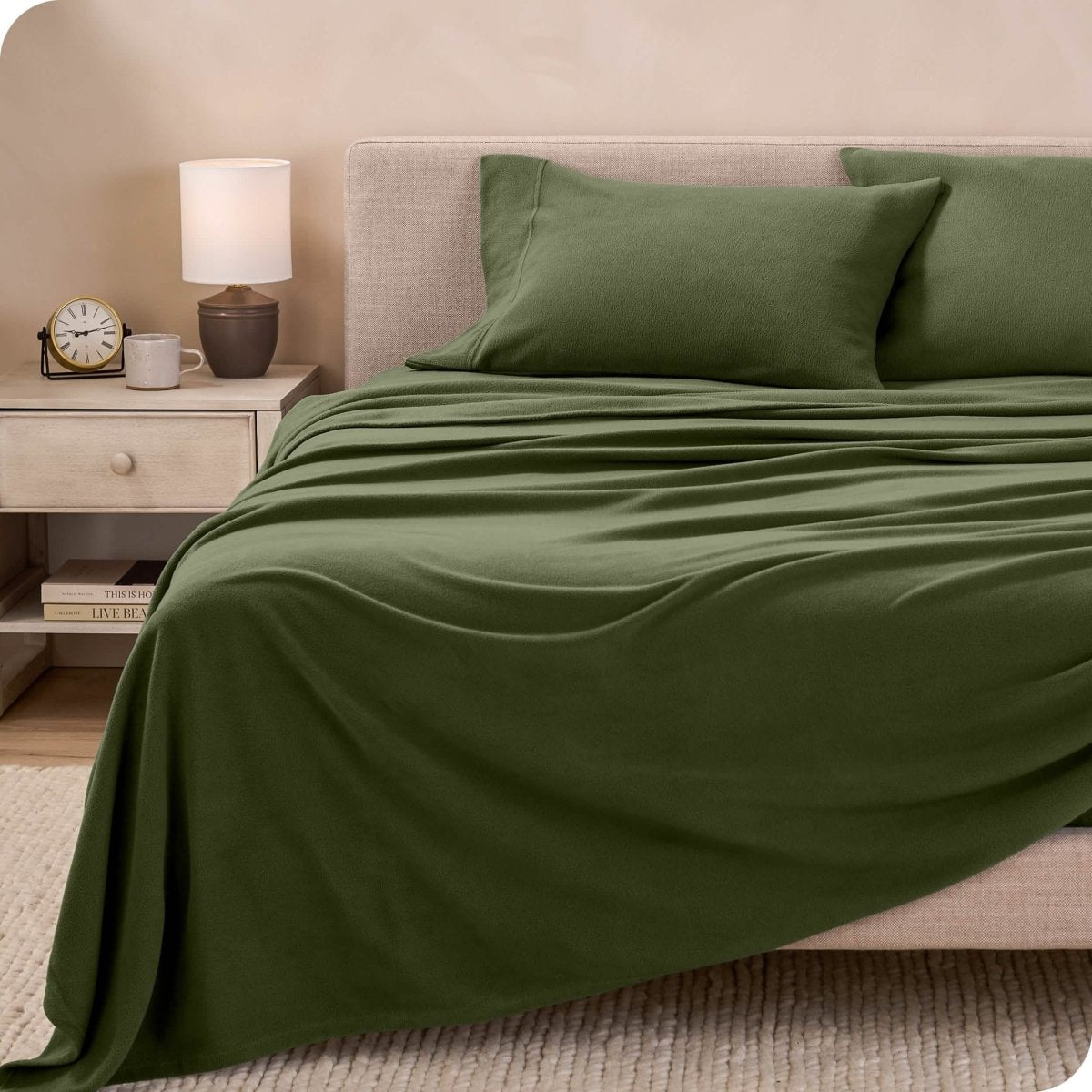 Polar fleece sheet set on a bed