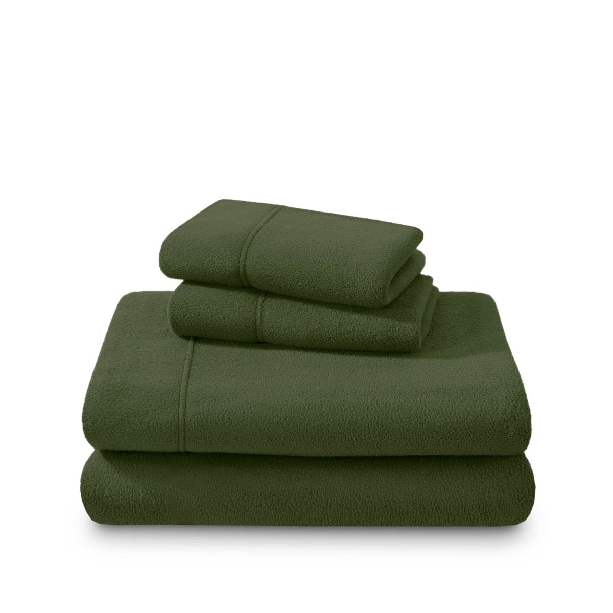 Polar fleece sheets and pillowcases folded and stacked on a white background