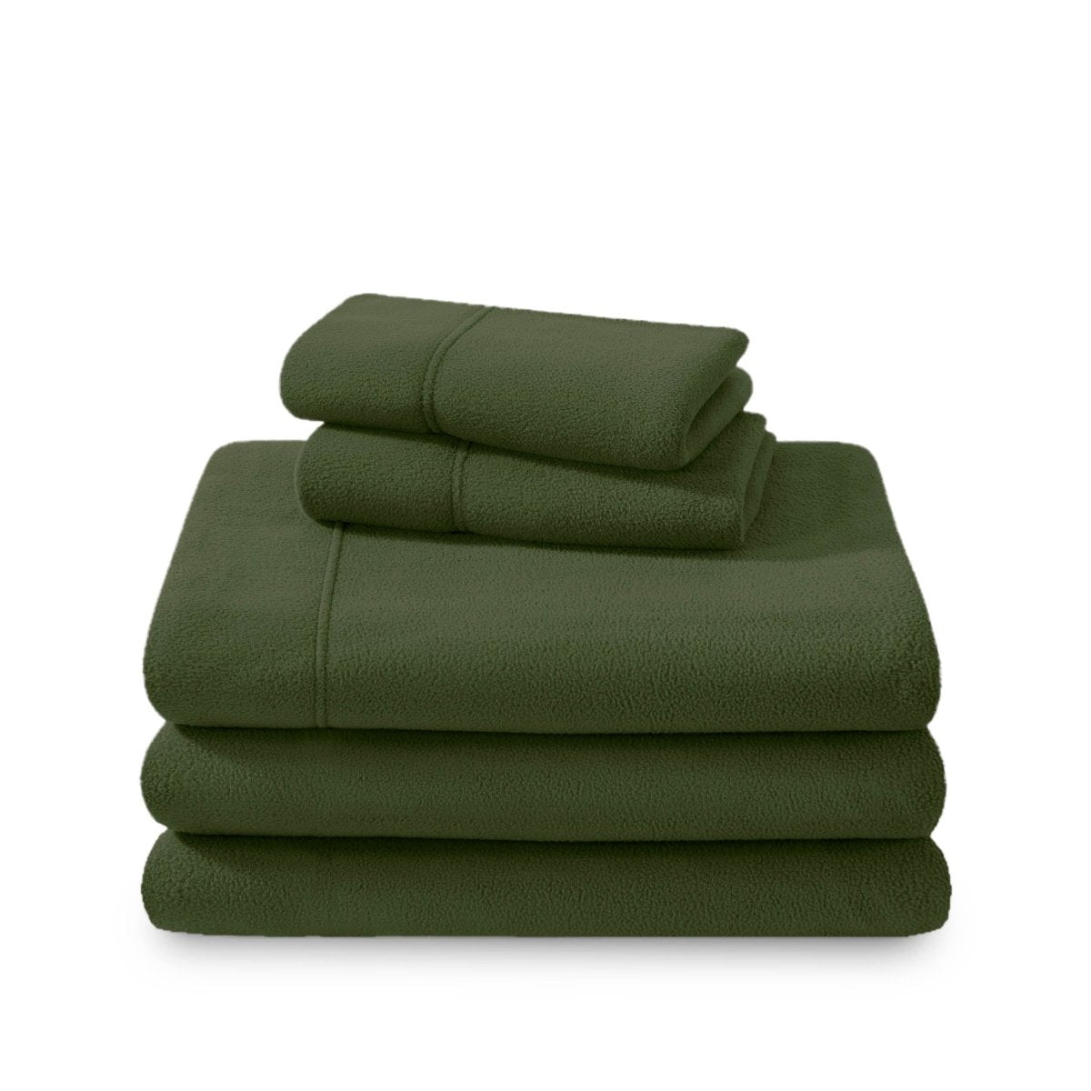 Polar fleece sheets and pillowcases folded and stacked on a white background
