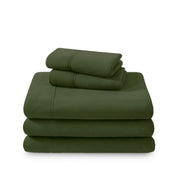 Polar fleece sheets and pillowcases folded and stacked on a white background