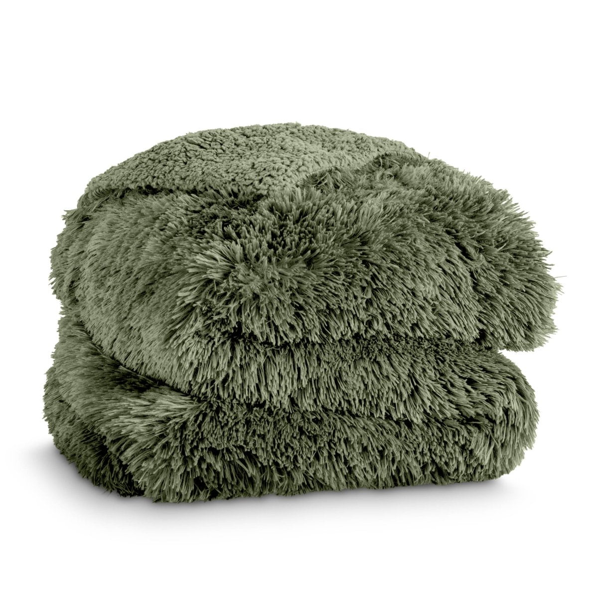 A shaggy faux fur blanket folded neatly