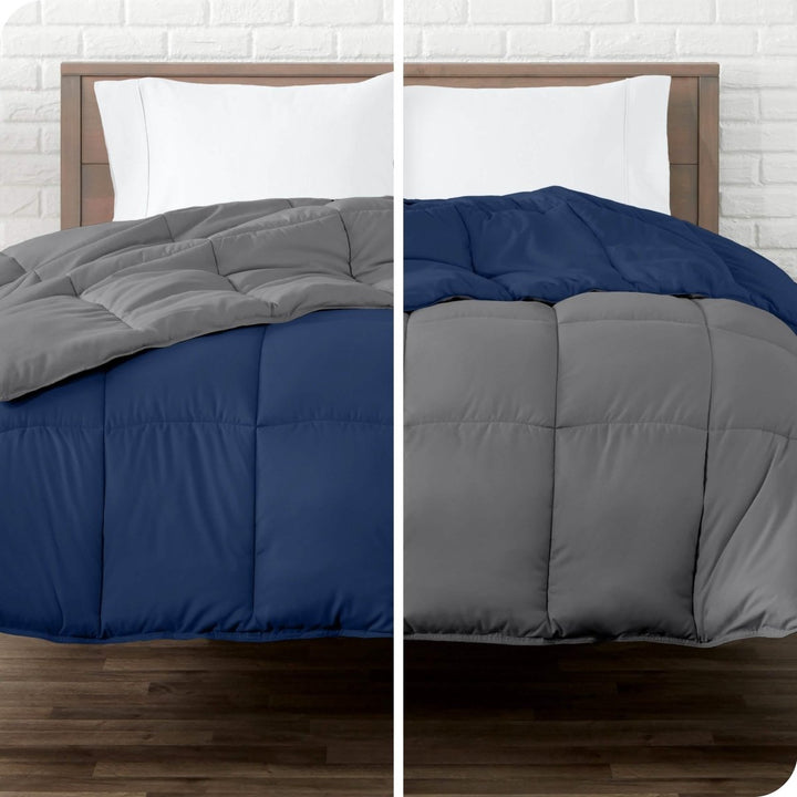 A split image of a reversible comforter showing both colors