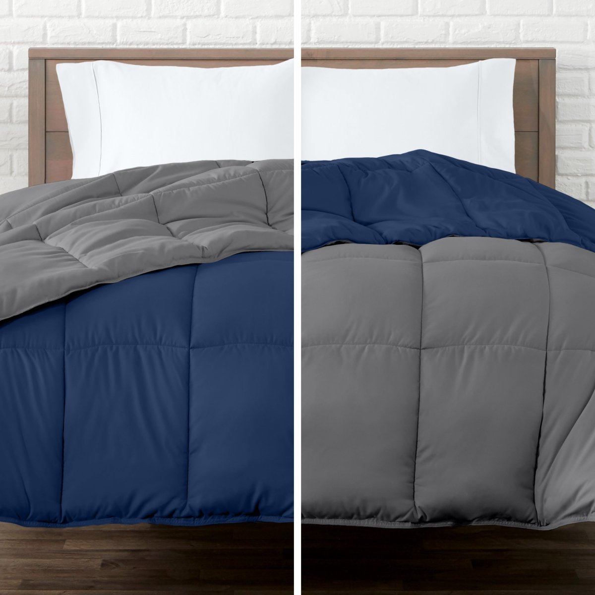 Two views of a reversible comforter on a bed with a white brick wall background.