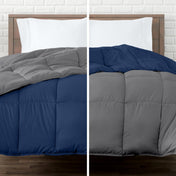 Two views of a reversible comforter on a bed with a white brick wall background.